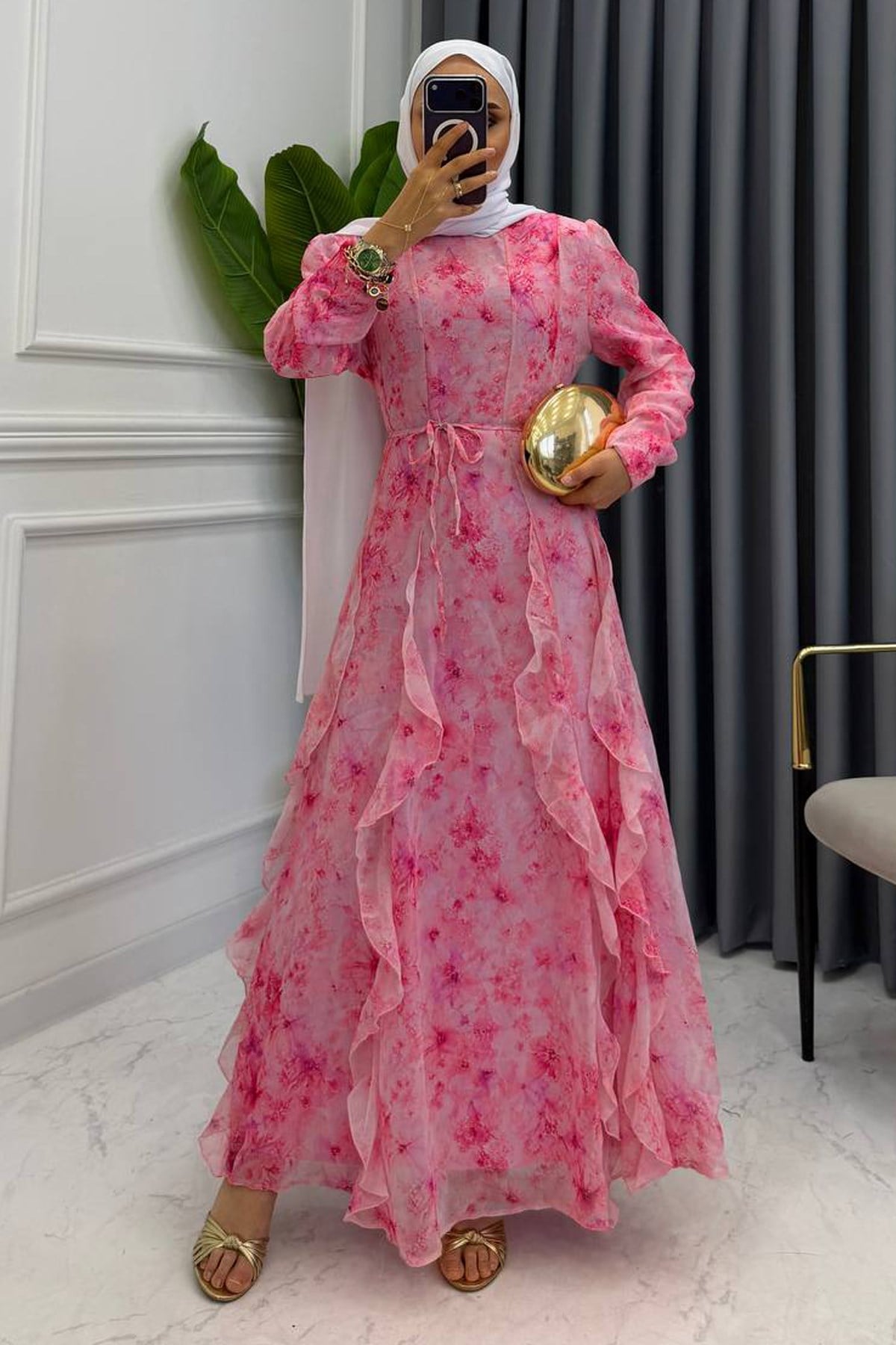 FIRFIRLI DESENLİ ELBİSE PEMBE