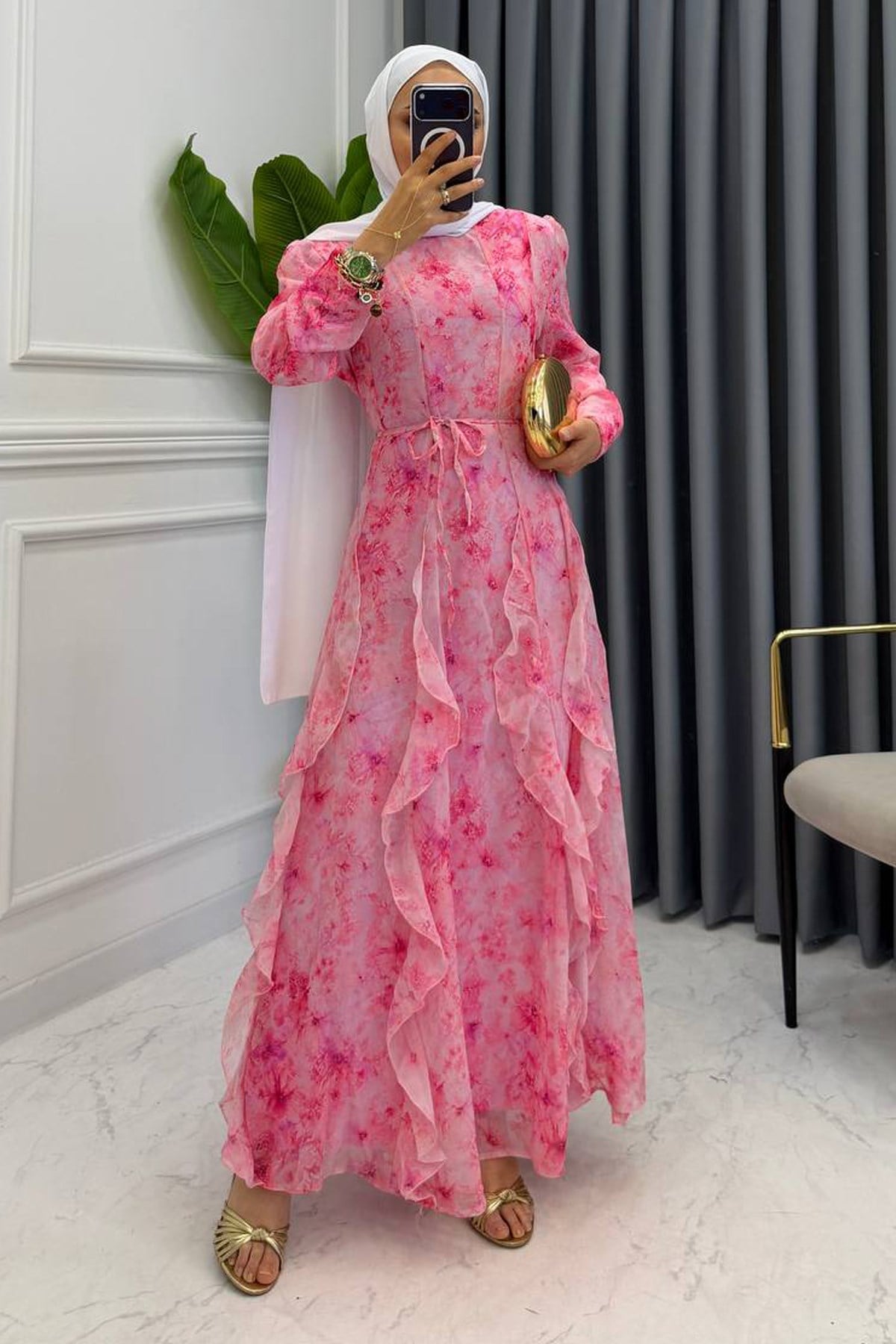 FIRFIRLI DESENLİ ELBİSE PEMBE