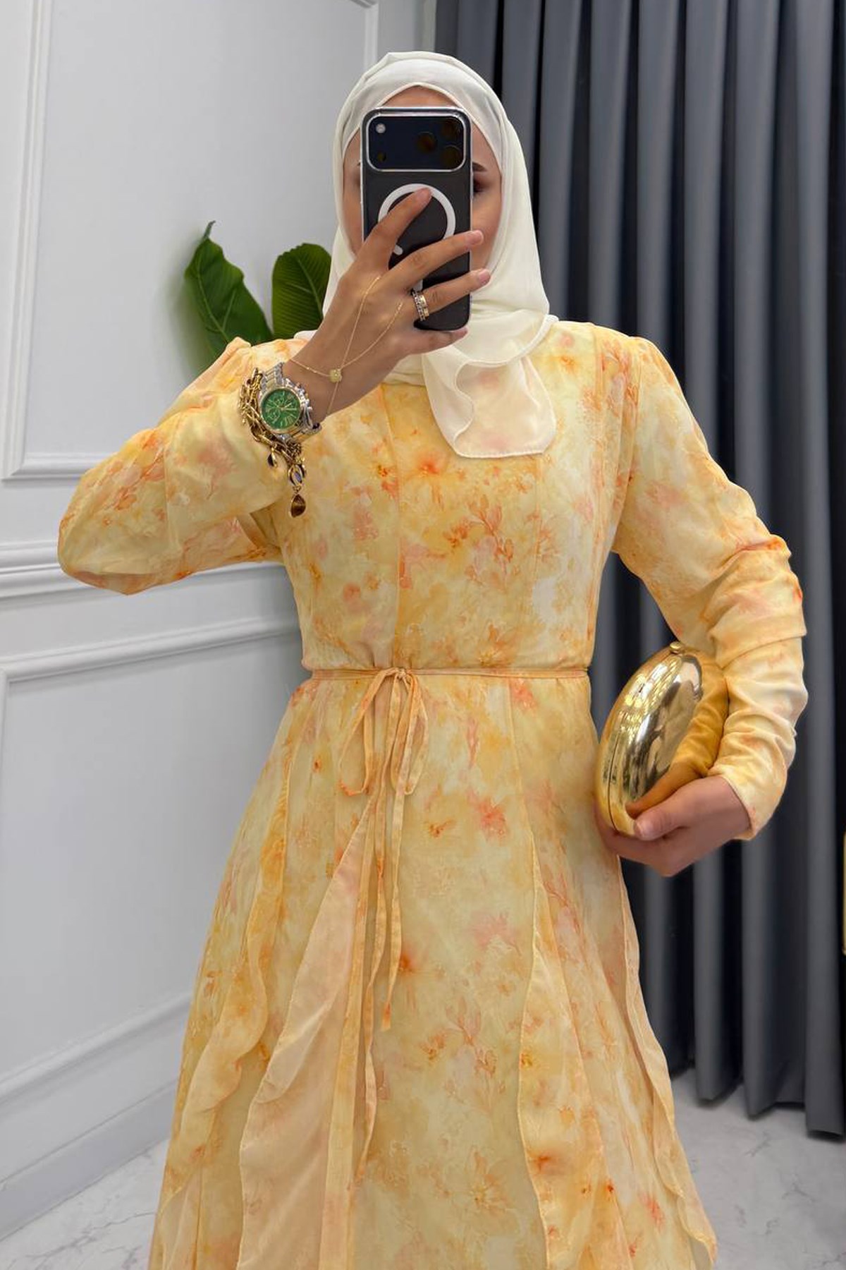 FIRFIRLI DESENLİ ELBİSE SARI