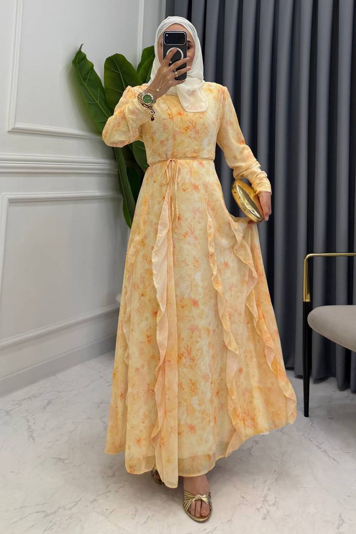 FIRFIRLI DESENLİ ELBİSE SARI